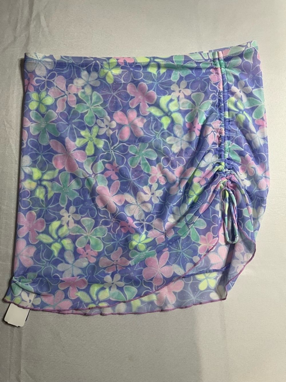 Floral Pastel Sheer Ruched Sarong Womens Small PullOn Elastic Waist Swim Coverup